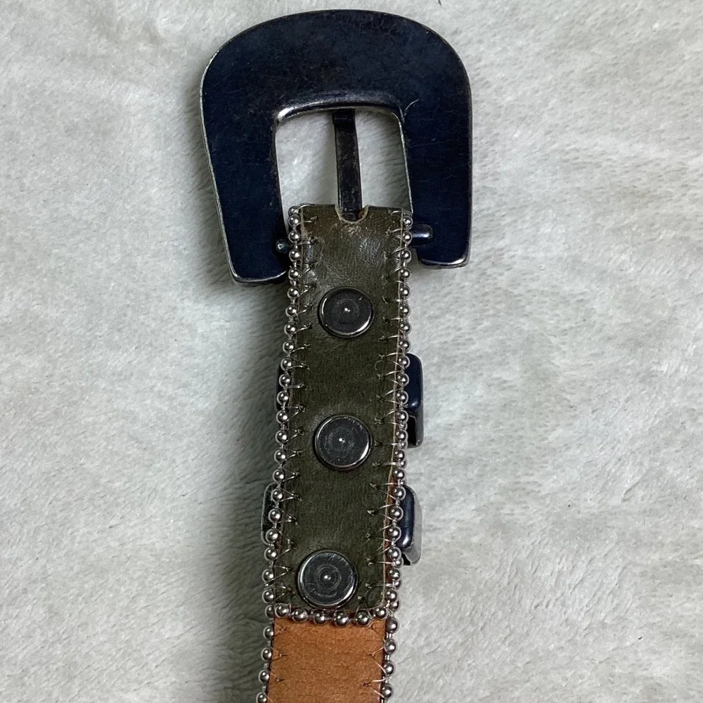 Olive Green Leather Western Belt Silver Ball Chain Trim Stone Buckle Small